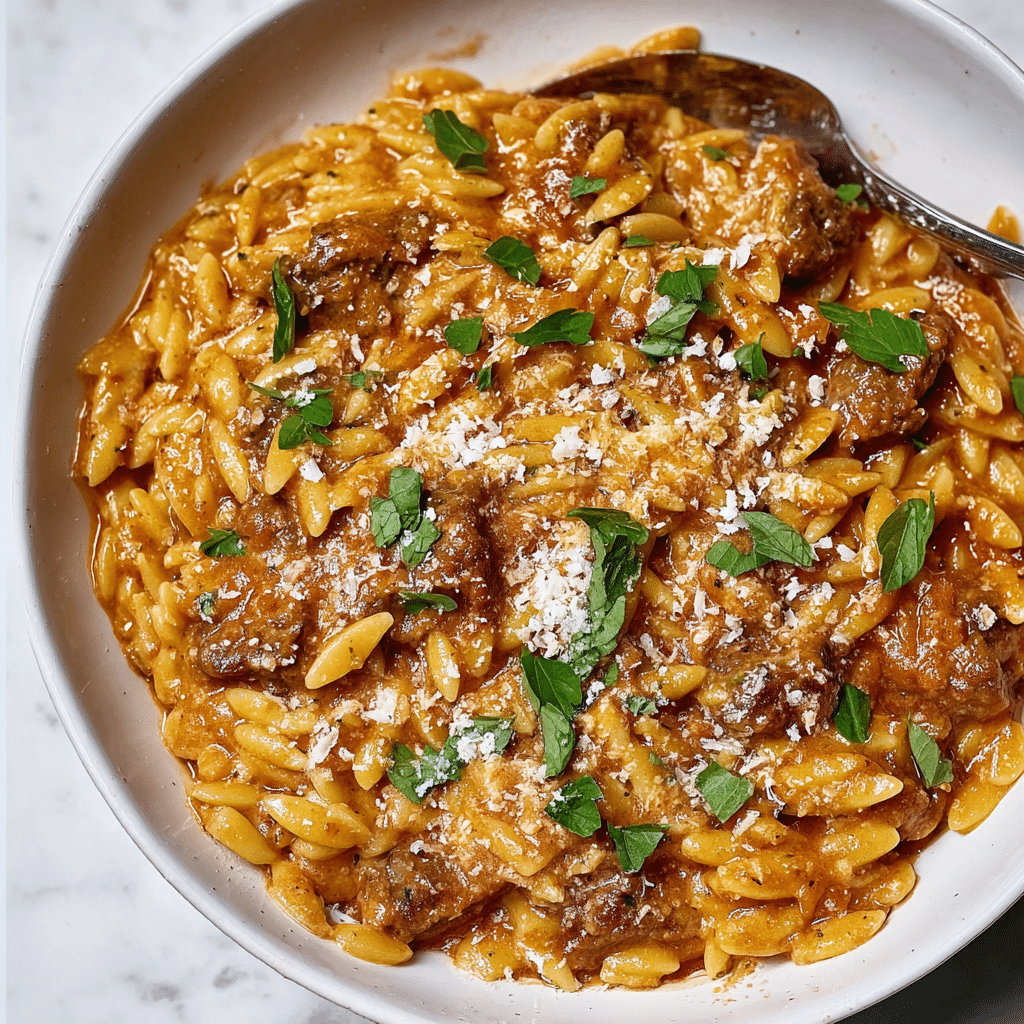 Beef Orzo with Tomato Herb Sauce