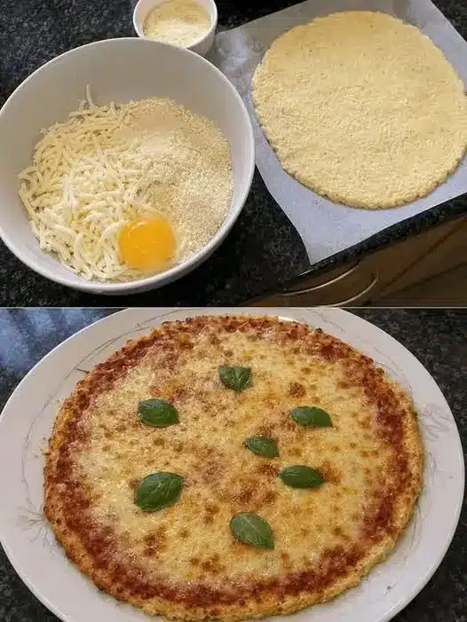 Dettaglio di una fetta di pizza senza farina croccante con basilico fresco