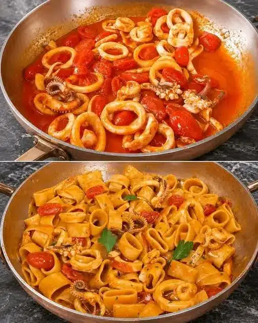 Piatto finito di calamarata ai frutti di mare guarnito con prezzemolo