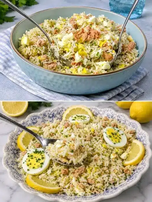 Dettaglio ravvicinato di insalata di riso con tonno, limone e olive nere