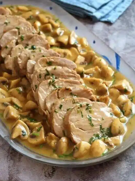 Pasta con pollo e funghi servita in un piatto elegante con una spolverata di parmigiano