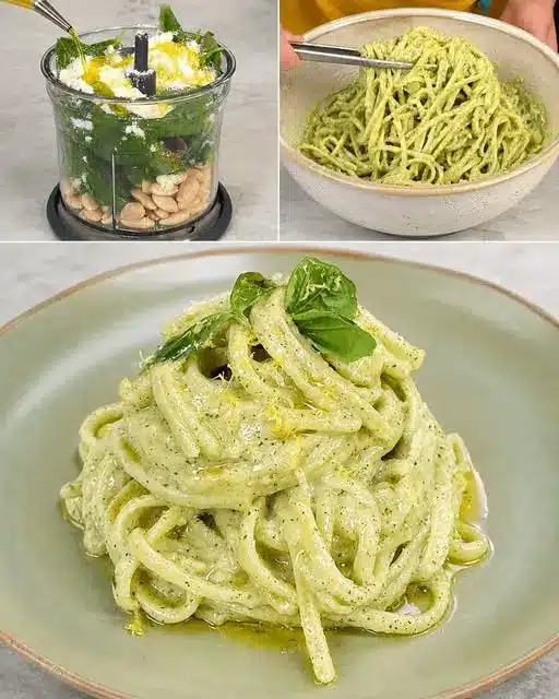 Pesto di mandorle basilico e limone pronto in una ciotola con fette di limone accanto