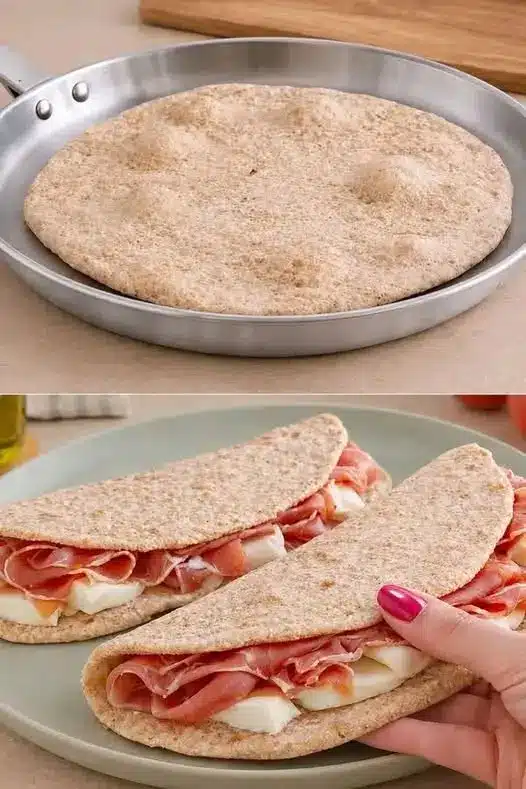 Piadina integrale cotta e farcita con rucola e formaggio fresco