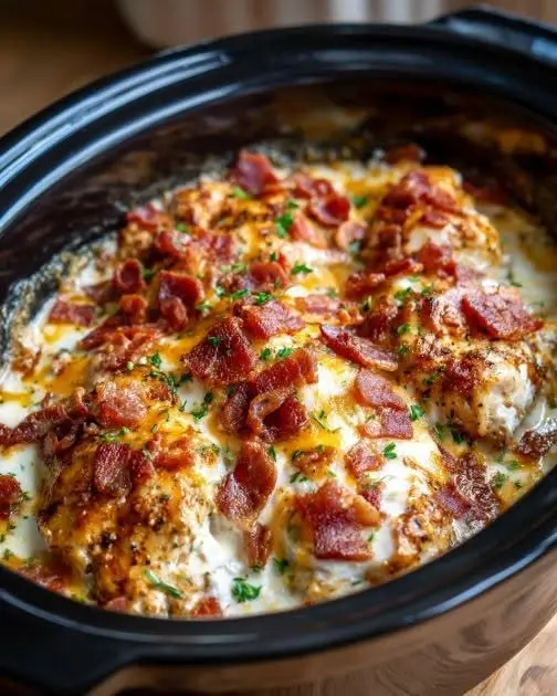 Piatto finito di pollo sfilacciato cremoso con bacon e formaggio servito su un letto di riso