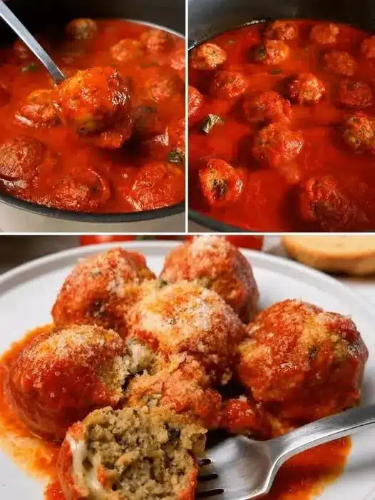 Dettaglio ravvicinato di una polpetta di melanzana al sugo tagliata a metà che mostra la consistenza interna soffice