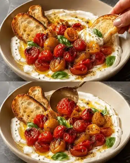 Pomodorini in friggitrice ad aria serviti su un piatto con foglie di basilico fresco