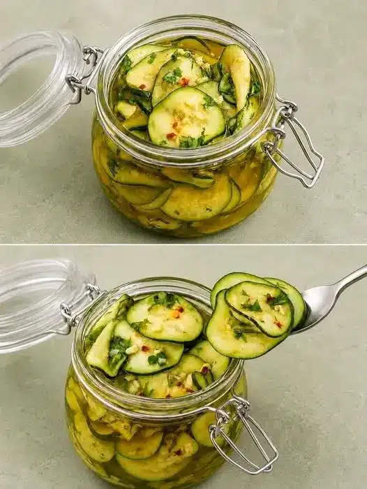 Piatto da portata con zucchine marinate guarnite con menta fresca e spicchi d'aglio