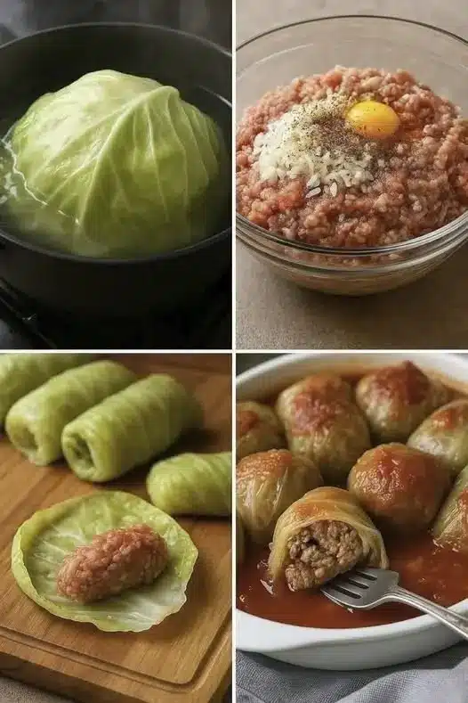Involtini di verza polacchi serviti in un piatto con abbondante salsa di pomodoro