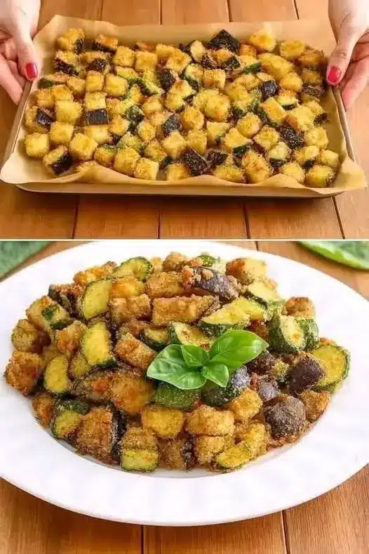Piatto pronto di melanzane e zucchine sfiziose servito con foglie di menta