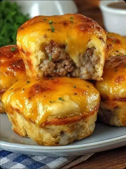 Muffin al cheeseburger serviti su un piatto con salse di accompagnamento