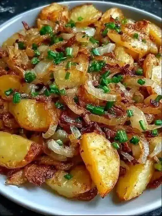 Piatto di ceramica con porzione generosa di patate, pancetta e cipolle guarnito con rosmarino fresco