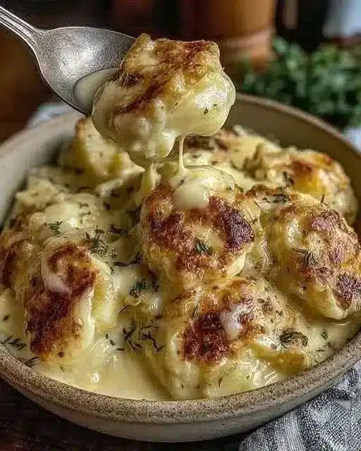 Polpette di carne cremose servite in un piatto fondo con guarnizione di prezzemolo