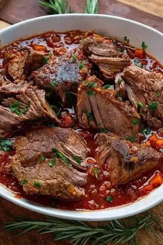 Dettaglio della carne di manzo tenera affettata con salsa ricca