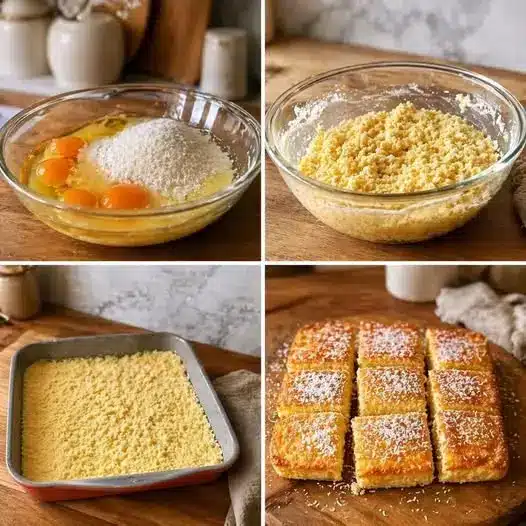 Fetta di torta al cocco servita su un piattino bianco con zucchero a velo