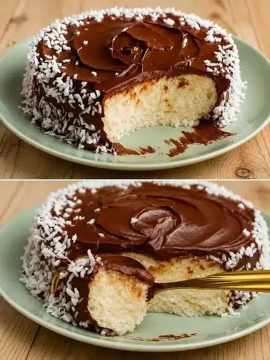 Fetta di torta cocco e cioccolato servita su un piattino con una spolverata di zucchero a velo