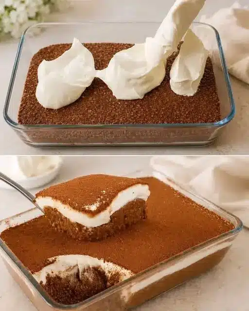 Tiramisù furbo servito in porzioni quadrate con spolverata di cacao amaro