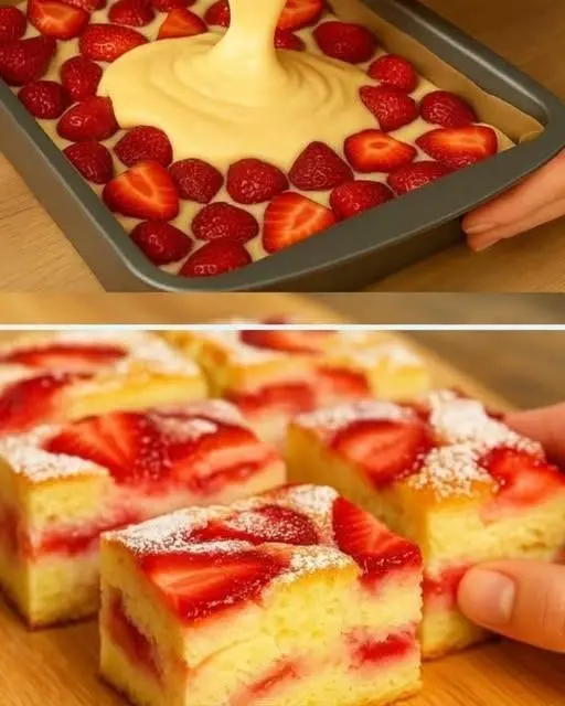 Fetta di torta allo yogurt e fragole servita con una spolverata di zucchero a velo