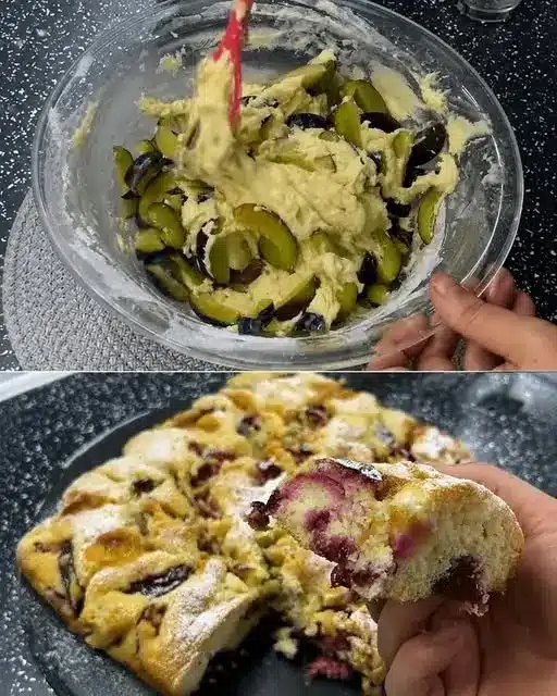 Fetta di torta allo yogurt e frutta servita su un piattino con una spolverata di zucchero a velo