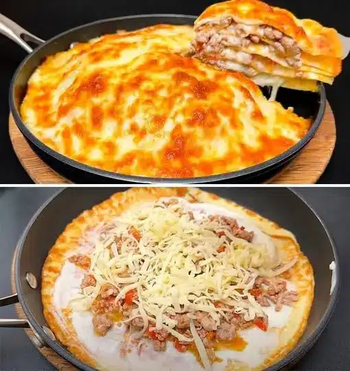 Fetta di torta salata carne in padella servita su un piatto bianco