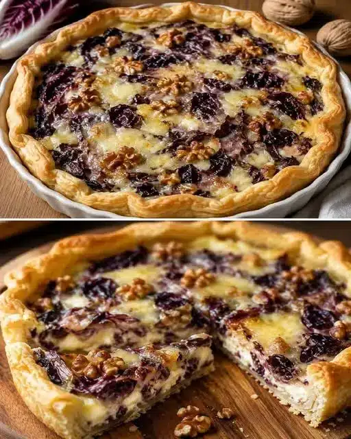 Fetta di torta salata radicchio e taleggio servita su un piatto con noci a decorazione